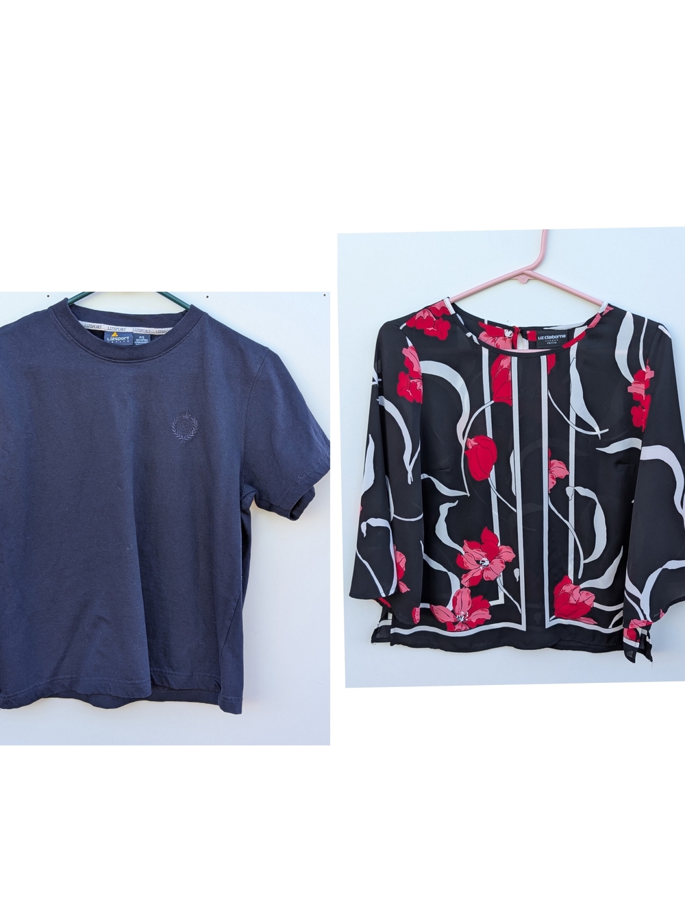 Vintage Petite Liz Claiborne Floral Blouse And Navy Tee 2-Piece Lot Bundle